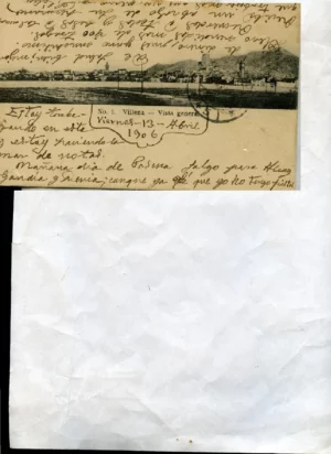 POSTAL VILLENA(ALICANTE) nº 1 vista general REVERSO SIN DIVIDIR anterior a 1905, Juan Amoros imp, circulada 1908? Sello roto y CON falta