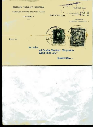 ENTERO POSTAL GUERRA CIVIL, CIRCULADO DE SEVILLA A PAMPLONA, septiembre 1938, sellos y cuño postal , 14x 9 cm.