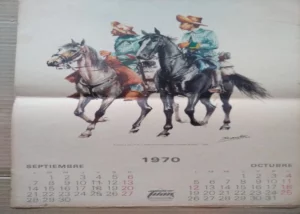 LAMINA calendario julio-agosto 1970, imagen capitan y soldado caballeria guerras de Flandes 1603