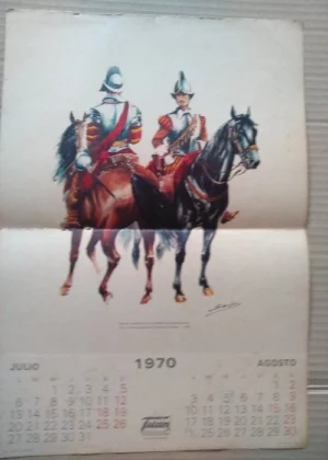 LAMINA calendario julio-agosto 1970, imagen capitan y soldado caballeria guerras de Flandes 1603