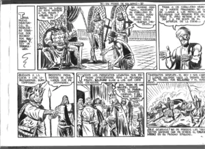dibujo plumilla GAGO portada original y 10 paginas de EL CRUZADO NEGRO episodio 32 en poder de Saladino , MAGA , 23,5x 34 cm buen estado con cuño ministerio 1961 portada y primer episodio