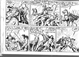 dibujo plumilla GAGO portada original y 10 paginas de EL CRUZADO NEGRO episodio 32 en poder de Saladino , MAGA , 23,5x 34 cm buen estado con cuño ministerio 1961 portada y primer episodio