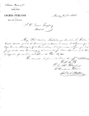 carta 1848 a Vicente Escofet de Collantes Morey y Cia compañia de coches publicos..,siglo XIX, 2 hojas, doblada por la mitad , no está circulada ni lleva cuño