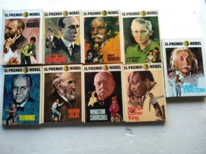 lote 9 libros PREMIOS NOBEL, del 1 al 9, NOBEL, MARCONI, SCHWEITZER,Mme CURIE, FLEMING, RAMON Y CAJAL, CHURCHILL, LUTEHR KING, EINSTEIN, buen estado,