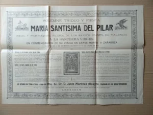 cartel 1925 SOLEMNE TRIDUO Y FIESTA que consagra a MARIA SANTISIMA DEL PILAR ... en parroquia SANTOS JUANES DE VALENCIA ... sermones a cargo de d. Justo Martinez Alcayde 44x 63 cm, plegado