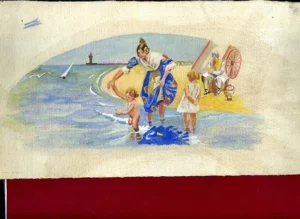 acuarela original sin firma VALENCIANAS EN EL MAR, AL FONDO EL PUERTO papel algo sucio 32x 17 cm
