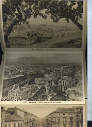 18 POSTALES DE MALAGA EN ALBUM en acordeon, de la nº 201 a la 218 (Pz de Jose Antonio y calle Larios..la caleta..puerto.. Jardines de Puerta Oscura....)
