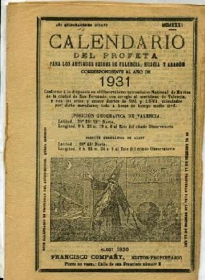 CALENDARIO DEL PROFETA para los antiguos reinos de Valencia, Aragon y Murcia año de 1932