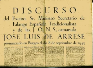 DISCURSO JOSE LUIS ARRESE, BURGOS, 8 sept 1943, FALANGE, impreso a dos caras, 29x 44 cm.