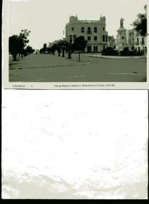 POSTAL VINAROZ -6 plaza Blasco Ibañez y monumento Costa y Borras,, Castellón, años 30, sin fotografo, L.Roisin?, buen estado